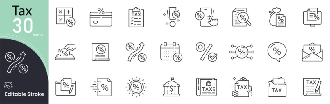 Tax related icon collections. Containing Tax, Finance, Payment, Money, Invoice, Accounting, Revenue, Bill, Economy, and Taxation icons. Editable Stroke.