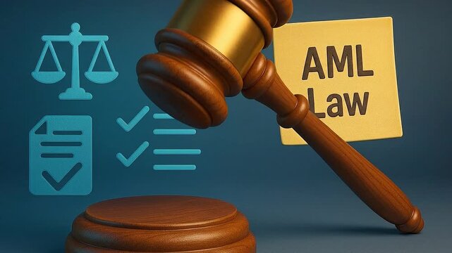 AML Law Gavel Justice Scale Legal Document Compliance Regulation Checklist Icons Symbolize Anti Money Laundering Legislation Legal Enforcement Authority Fairness Financial Crime Courtroom Concept