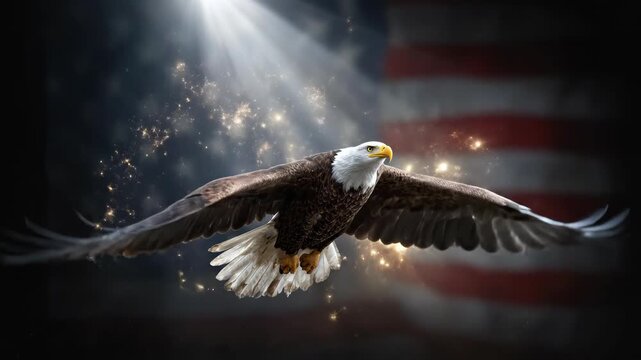 Majestic American bald eagle flying high, symbolizing freedom and patriotic spirit, United States flag background, commemorating Independence Day, a powerful emblem of democracy