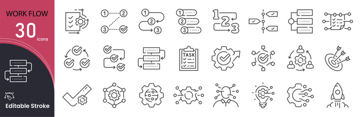 Work Flow related icon collections. Containing Workflow, Process, Task, Schedule, Timeline, Plan, Step, Operation, System, and Progress icons. Editable Stroke . © khansa