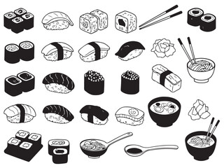 Sushi rolls maki nigiri sashimi japanese food chopsticks bowls ingredients  various sushi and sushi making elements © Raseda