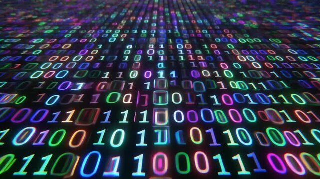 Binary digits forming grid pattern pulsing light futuristic holographic cinematic surreal ethereal ambience cascading softly glowing abstract unique style seamless loop