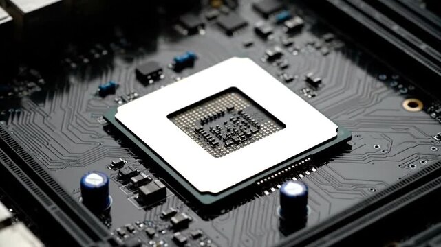 Close-up view of a computer processor on a dark circuit board, showcasing intricate electronic components and advanced technology.