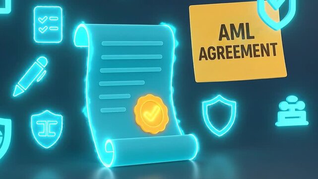 AML Agreement Contract Document Compliance Law Regulation Security Digital Legal Protection and Verification Concept with Blue Background, Shield, Pen, Yellow Seal, Business Finance, Anti Money