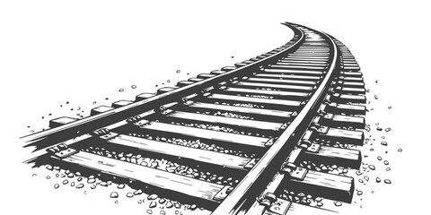 Vintage hand-drawn illustration of a curving railway track with wooden sleepers and gravel, isolated on white background. ©  Designer