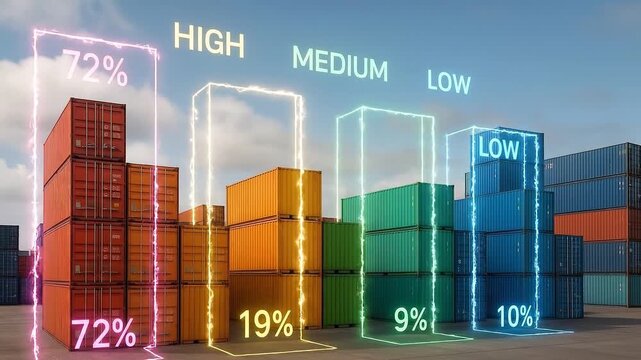 Stacked shipping container storage with percentage data showing high, medium, low levels colorful logistics industrial yard, cargo warehouse, export import freight, supply chain distribution