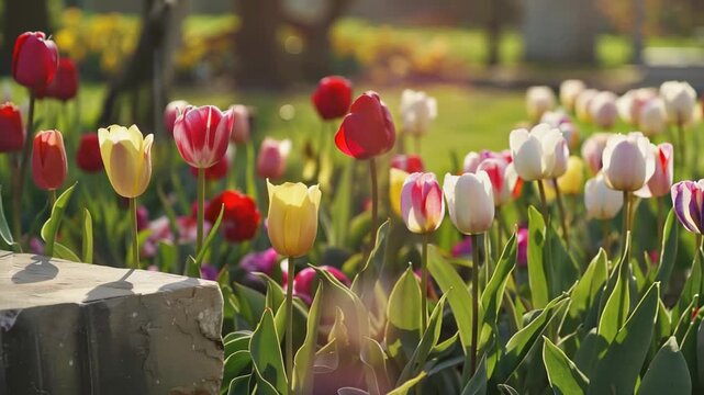 Beautiful garden with colorful tulips blooming in spring, capturing nature's beauty at a local park