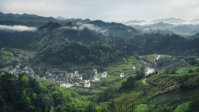Shexian County Mountain Village in Morning Mist, Huangshan, Anhui Province