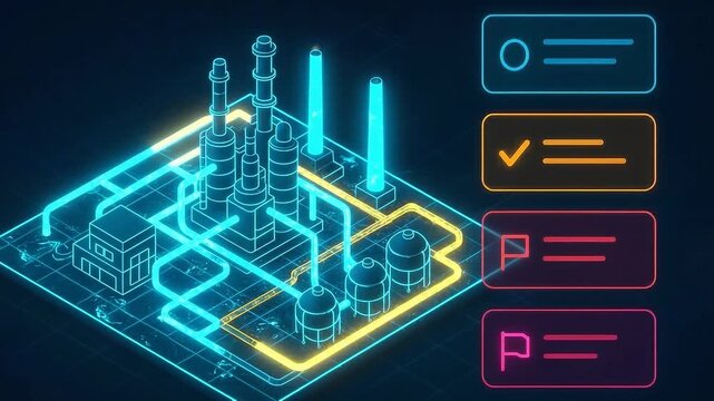 Futuristic Neon Factory Industrial Technology Digital Blueprint Glowing Schematic Modern Innovation Energy Infrastructure Automation Cyber Network System Power Plant Illustration