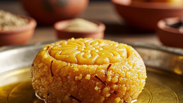 Golden Sweet Halwa Dessert Drizzled With Ghee In A Traditional Indian Platter With Spices In The Background Detailed And Close Up Shot