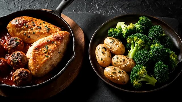 Delicious Chicken Breast and Meatballs in Tomato Sauce with Steamed Broccoli and Potatoes.