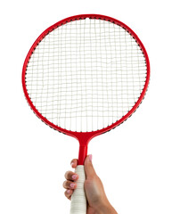 Hand Holding a Red Tennis Racket