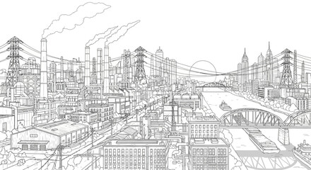 Fototapeta premium Industrial cityscape sketch illustration showing factories, buildings and urban infrastructure 