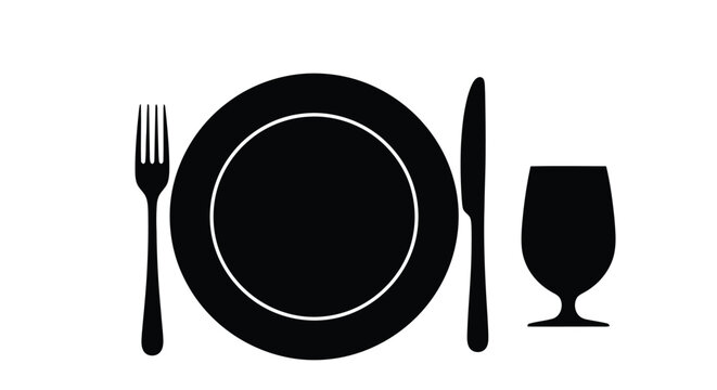 Simple black silhouette of a place setting with wine glass plate fork and knife