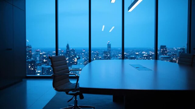 A modern office conference room with an empty chair and table overlooking a blurred city skyline at night.