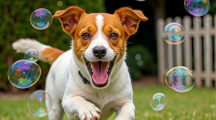 Happy Dog Playing with Bubbles Outdoors
