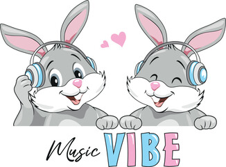 Happy smiling bunnies in headphones. Music vibe. Vector.eps