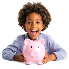 Joyful Child Holding Pink Piggy Bank