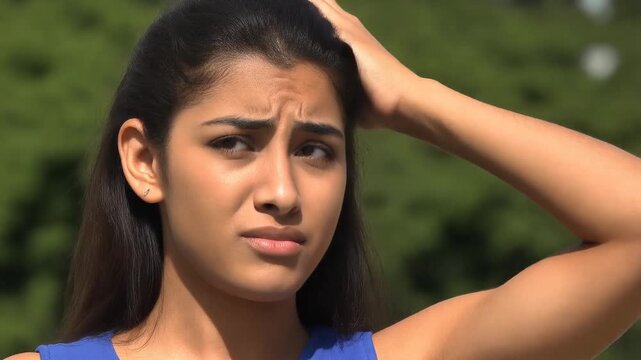 A confused young woman with a puzzled expression on her face and touching her forehead