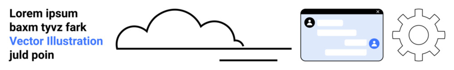 Fototapeta premium Cloud computing, digital interfaces, data security, technology services, automation, system integration. Features a cloud, chat interface and gear icon. Cloud computing and digital interfaces