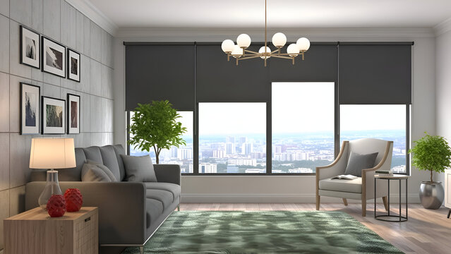 Bright living room with gray sofa green rug and cityscape windows