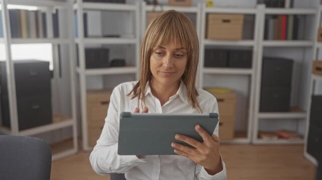 Woman holds tablet with both hands and taps screen in office building, smiling at camera; calm concentration.