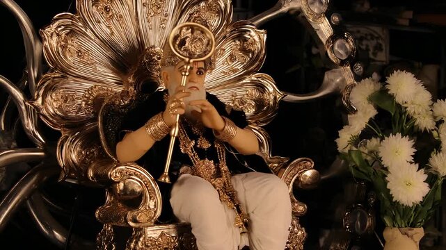 Majestic Indian Idol Surrounded by Flowers in Festive Decor