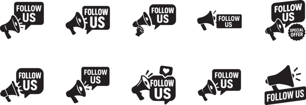Follow us megaphone with speech bubble banner. Marketing promo sticker set for business advertising.