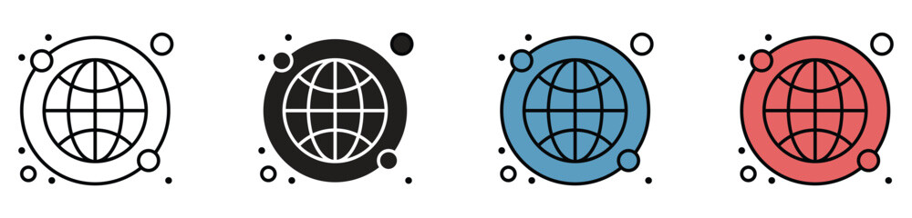 Four 3D wireframe globes in black, blue, red, and white colors on plain background for business and technology concepts