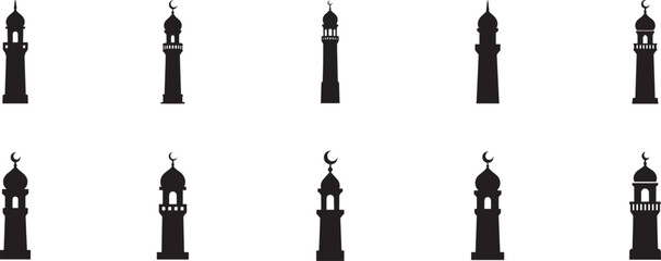 Minaret tower icon set. Vector illustration of mosque spires, Islamic architecture symbols. © Md Ataullah 