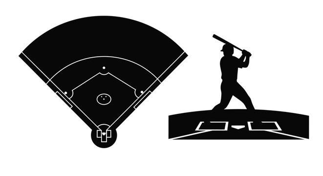 Baseball diamond and batter in striking pose black silhouette