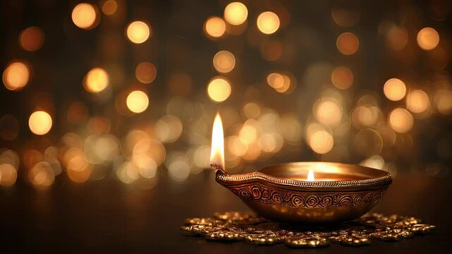 Elegant Diya Lamp with Warm Bokeh Lights for Festive Celebrations
