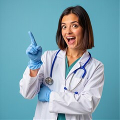 Smiling Doctor with Pointer Gesture on Blue Background