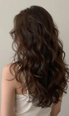 Naklejka premium portrait female figure loosely curled dark brown wavy hair set neutral background soft diffused