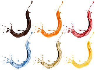 Obraz premium Set of splashes with liquids of different materials (chocolate, orange juice, wine, water, oil, caramel) isolated on white background. 3d rendering