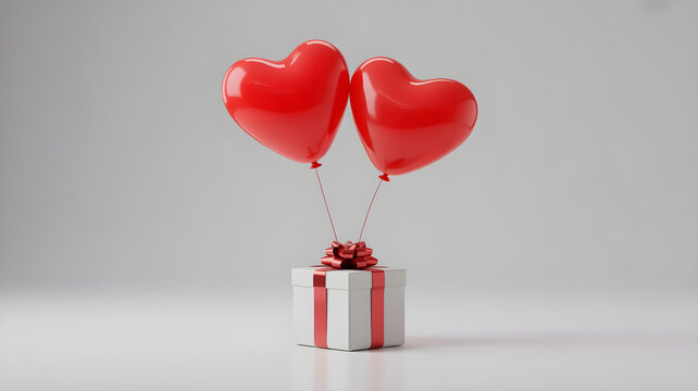 Two vibrant red heart shaped balloons floating above a neatly wrapped white gift box tied with a festive red ribbon decoration.