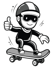 A cartoon character riding a skateboard with a thumbs up gesture in a black and white digital drawing style