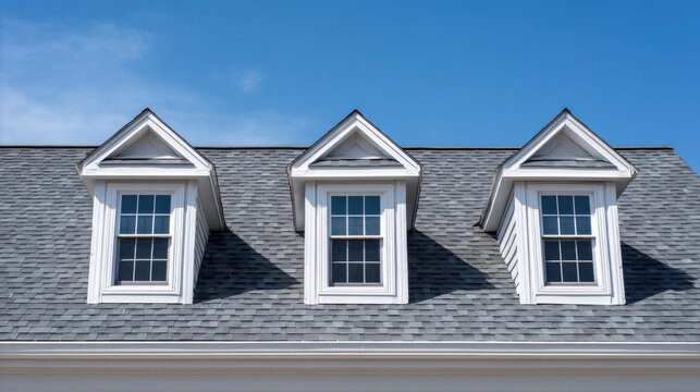 Three white dormer windows on a grey shingled roof under a clear blue sky.