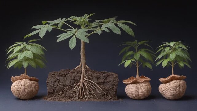 Conceptual image of trees growing out of brains with roots and soil, symbolizing thought