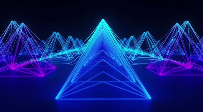 Neon glowing pyramids in abstract geometric landscape background  