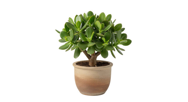 Green jade plant in a terracotta pot, cut out, stock png, isolated on transparent background