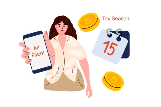 Smiling young woman holds smartphone showing All Filed confirmation. Calendar page with date 15, tax deadline. Successful electronic tax submission. Flat vector illustration for tax software ads.