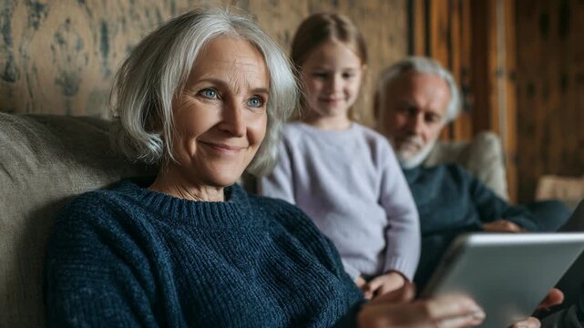A loving grandmother reads a fairytale to her granddaughter on a tablet, while grandfather watches. Cozy family moment, warm indoor setting, generational connection.