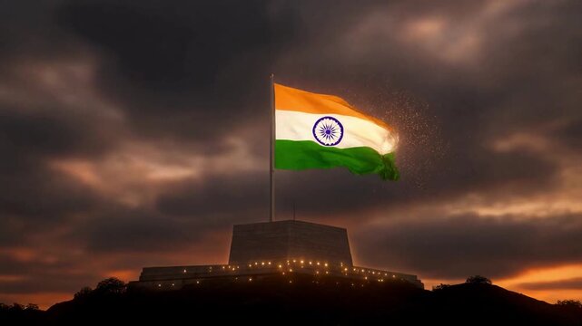 Indian Tricolor Atop a Hilltop Monument with Fast Sunset Time Lapse and Rushing Clouds