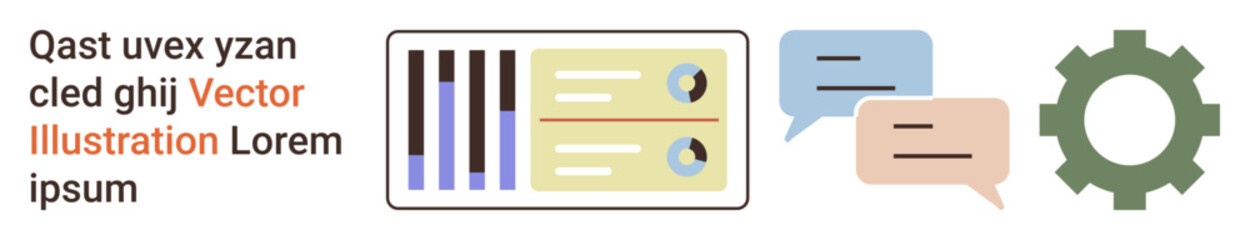 Obraz premium Data management, collaboration, infographic design, communication, analysis, tech workflow. Bar charts, speech bubbles and gear icon. Data management and collaboration concepts for effective