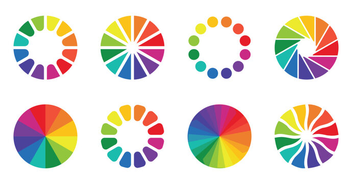 Colorful color wheel charts graphic design elements abstract circles shapes. Vector illustration with rainbow light spectrum gradient.