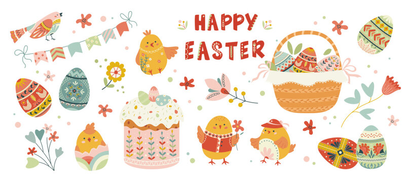 Hand-drawn Easter folk set with cute chicks, decorated eggs, festive cake and spring flowers. Cozy pastel illustration in traditional style for holiday cards, kids designs and cheerful seasonal decor