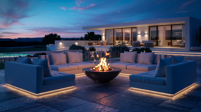 Moderne Lounge-Terrasse mit Feuerstelle bei D&auml;mmerung