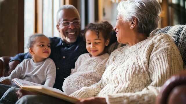 Loving grandparents reading to grandchildren on a cozy sofa. Warm family moment, intergenerational connection, shared stories. Enjoying precious time together, creating lasting memories, home comfort.
