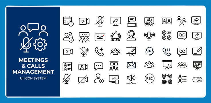 Video Conference and Online Meeting Outline Vector Icon Set &mdash; Remote Work and Virtual Collaboration Editable Stroke Icons for Web and App UI